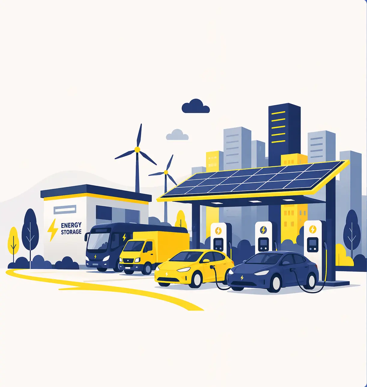 Electric vehicle charging station with solar panels, fast chargers, and energy storage in a modern smart city setup