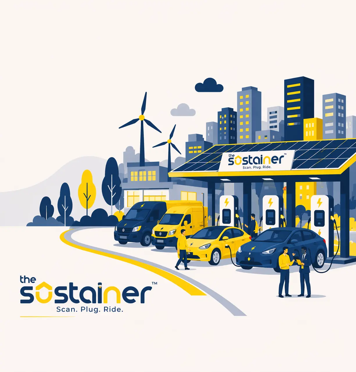 The Sustainer EV charging station with solar panels, electric cars charging, and smart energy infrastructure in a modern city