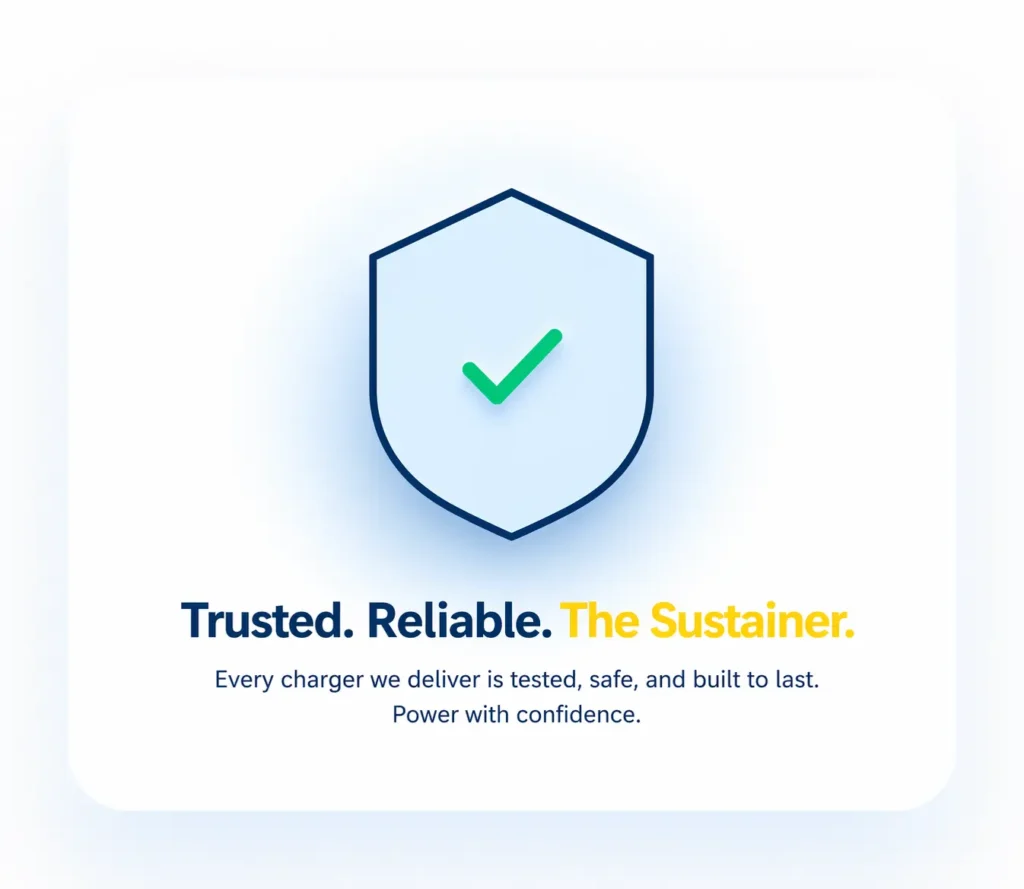 Shield icon with checkmark representing safe and reliable EV chargers by The Sustainer