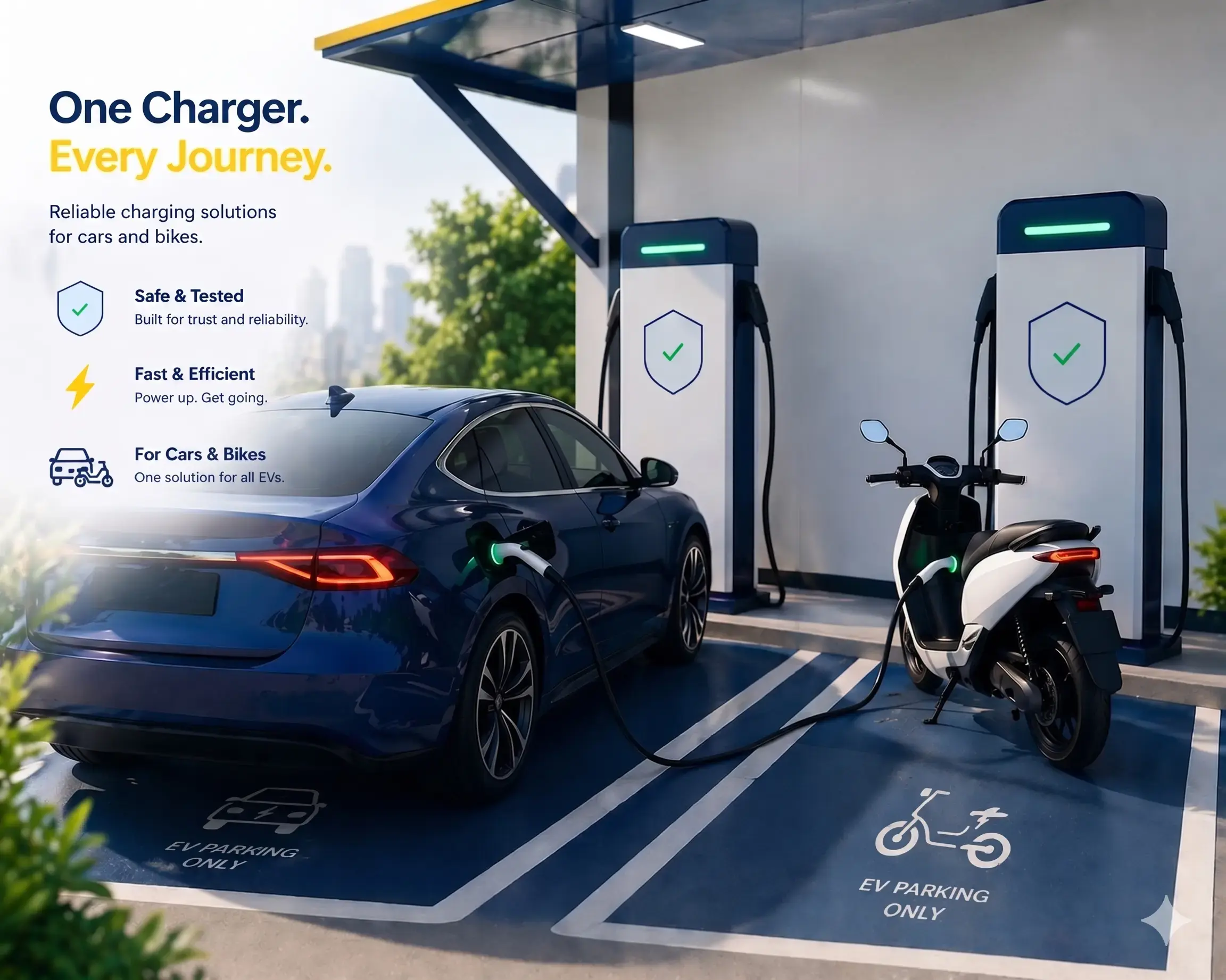 Electric car and electric scooter charging at a modern EV charging station with fast and reliable chargers