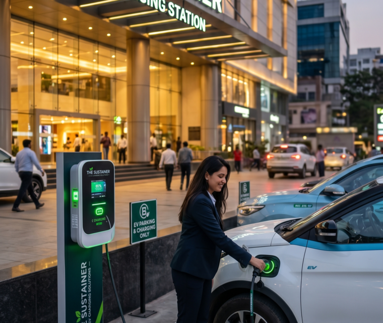woman charging electric vehicle at EV charging station outside modern commercial building