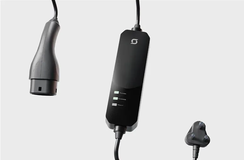 Sustainer Spin Free portable EV charger with Type M plug, charging controller unit, and EV connector for safe home charging.