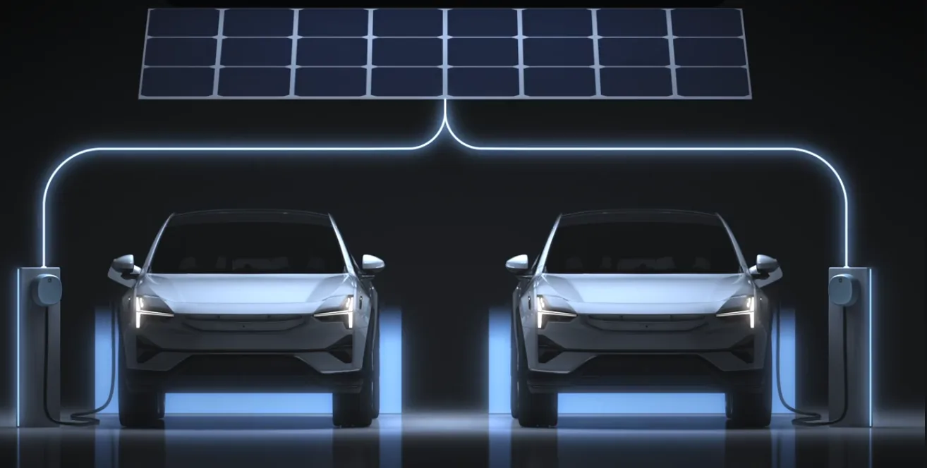 Two electric cars charging at dual EV charging stations powered by rooftop solar panels in a modern setup.