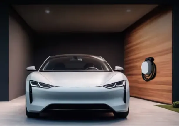 Electric car parked inside a modern garage with a wall-mounted home EV charger installed on the side wall.